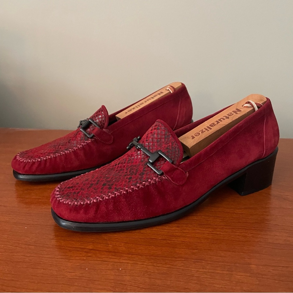 Stuart Weitzman Red Suede Leather Snakeskin Square Toe Stacked Heel Loafers